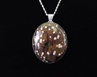 .925 Sterling Silver Spotted Brown Agate Pendant Necklace
