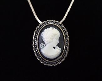 .925 Sterling Silver Black Onyx and Ivory Cameo Pendant Necklace
