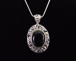 .925 Sterling Silver Black Onyx Cabochon Pendant Necklace
