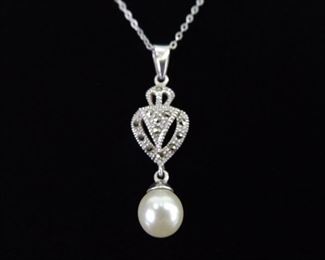 .925 Sterling Silver Art Nouveau Pearl Dangle Pendant Necklace
