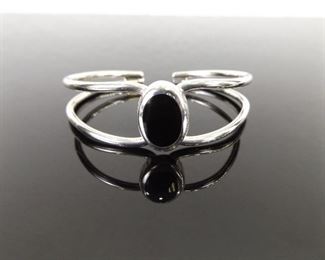 .925 Sterling Silver Inlayed Black Onyx Open Cuff Bracelet
