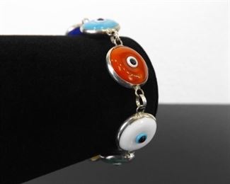 .925 Sterling Silver Multi Colored Lampwork Glass Evil Eye Bracelet
