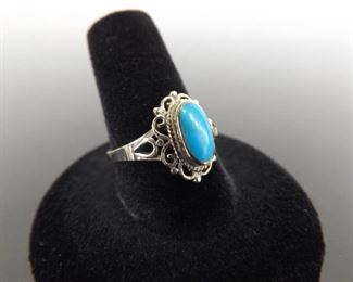 .925 Sterling Silver Antique Turquoise Cabochon Ring Size 9.5
