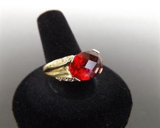 .925 Sterling Silver Vermeil Oval Cut Ruby Crystal Ring Size 10
