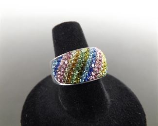 .925 Sterling Silver Multi Colored Rainbow Crystal Ring Size 8
