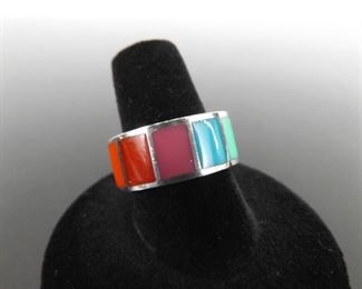 .925 Sterling Silver Multi Colored Inlayed Enamel Rainbow Ring Size 8
