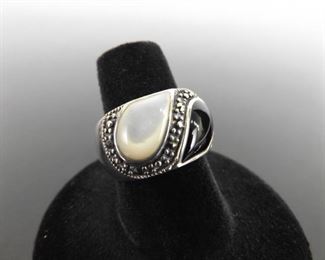 .925 Sterling Silver Art Nouveau Yin Yang Onyx and Pearl Ring Size 7
