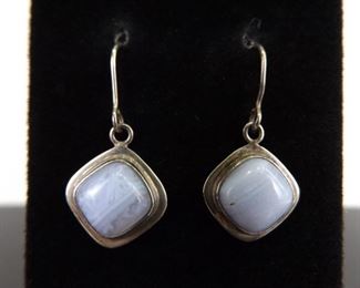 .925 Sterling Silver Blue Lace Agate Dangle Hook Earrings
