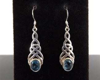 .925 Sterling Silver Oval Cut Topaz Celtic Knot Dangle Hook Earrings
