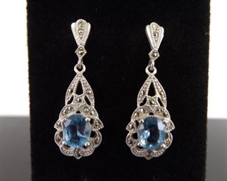 .925 Sterling Silver Art Nouveau Oval Cut Topaz Dangle Post Earrings
