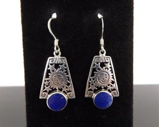 .925 Sterling Silver Inlayed Lapis Sun Dangle Hook Earrings
