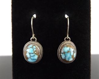 .925 Sterling Silver Royston Turquoise Cabochon Dangle Hook Earrings
