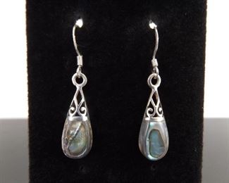 .925 Sterling Silver Abalone Dangle Hook Earrings
