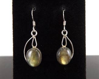 .925 Sterling Silver Labradorite Cabochon Dangle Hook Earrings
