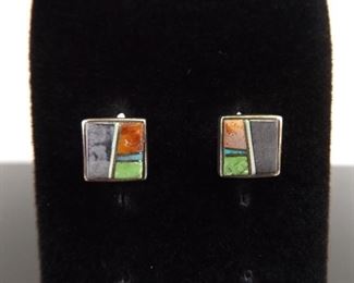 .925 Sterling Silver Multi Inlayed Stone Post Earrings
