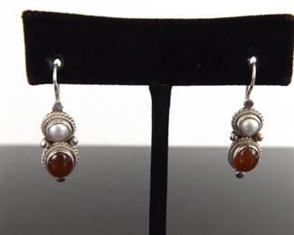.925 Sterling Silver Carnelian Cabochon Pearl Hook Catch Earrings
