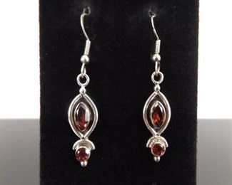 .925 Sterling Silver Faceted Garnet Dangle Hook Earrings
