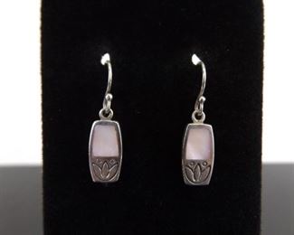 .925 Sterling Silver Inlayed Mother of Pearl Dangle Hook Earrings
