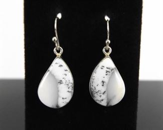 .925 Sterling Silver Moss Agate Pear Cabochon Dangle Hook Earrings

