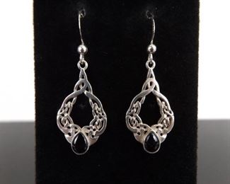 .925 Sterling Silver Black Onyx Dangle Hook Earrings
