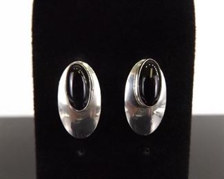 .925 Sterling Silver Black Onyx Cabochon Post Earrings
