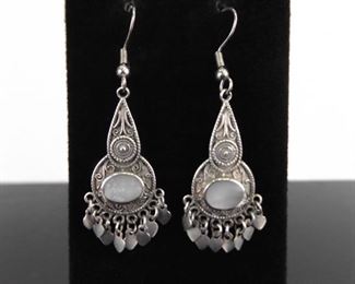 .925 Sterling Silver Inlayed Mother of Pearl Gypsy Dangle Hook Earrings
