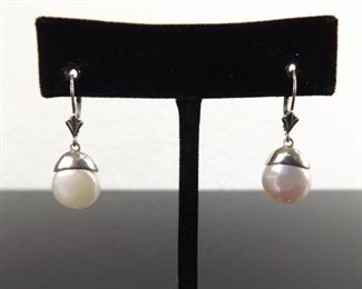 .925 Sterling Silver Pearl Dangle Latch Hook Earrings
