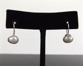 .925 Sterling Silver Pearl Cabochon Hook Catch Earrings
