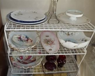 hand painted and signed china and ruby glass