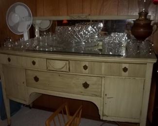 vintage buffet and large vintage punch bowl and huge platter