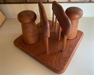Mid Century Modern teak wood  napkin holder and salt & pepper set