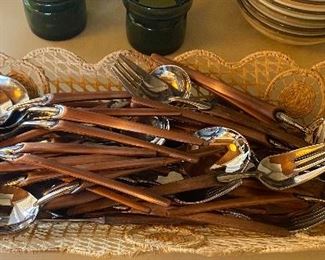Danish Modern flatware set, copper tone handles, by Gibson 18/8