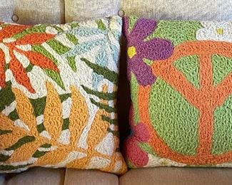 1960’s hand made yarn pillows, peace sign flower power and leaves!