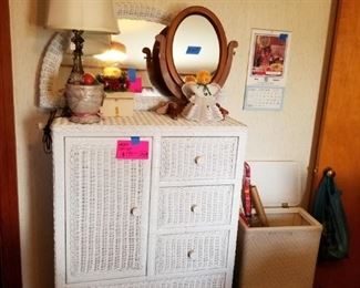 White Wicker Clothes Chest with Mirror, Oval Mirror, Lamp, Clothes Hamper, Vintage Calendar