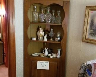 Corner wood Cabinet, Decanters, Knick Knacks