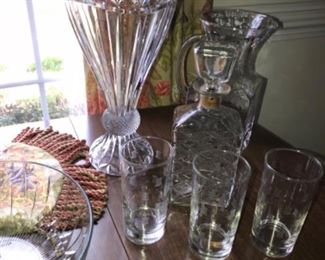 Shannon crystal vase square water pitcher, mid century decanter and 