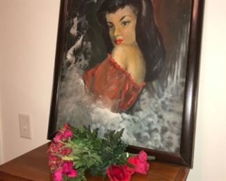 MID CENTURY LADY IN RED PAINTING 