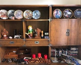 COLLECTION OF PLATES, STARWARS PLATES,  VINTAGE ITEMS AND GREAT DESK BOOKCASE HUTCH WALL UNIT