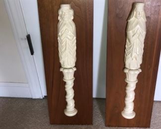 1960s mid century wood figures mounted on wood wall art