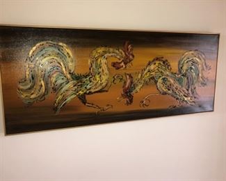 vintage Mid Century painting of fighting cocks.   This is an amazing piece of art.  Each time we add a color below the painting that color shows in the painting. 