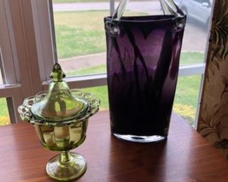 Large amethyst vase, green compote with lid