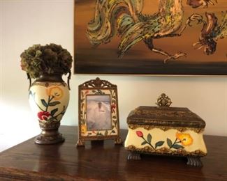 Three matching pieces along a small close up section of the Mid Century painting of fighting cocks.  you can see all the colors in this photo