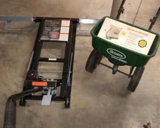 lawn mower drive on hydraulic lift, Scott's fertilizer spreader and seed sower