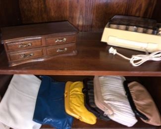 lady's handbags, most mid century, jewelry box and ladies electric curlers.