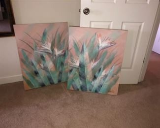 1990's original paintings of Bird of paradise plant, one painting is sign