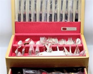 1847 Rogers Bros. 112 piece Silverplate Flatware Set Pattern:  First Love plus 2-Drawer Chest