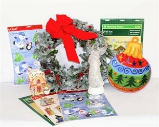 Holiday Christmas Decor - Wreath, Window Clings (new in pkg), Ornament Dish, Gingerbread House Tealight Holder and Lighted Angel Figurine
