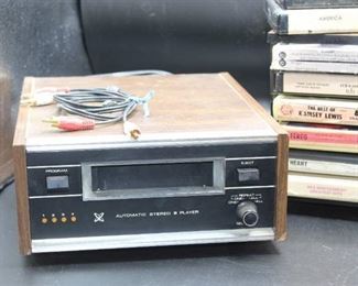 Vintage Automatic Stereo 8 Track Player and Assorted 8 Tracks with Rack