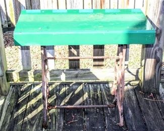 Very Cool DIY Outdoor Table Green Metal Table top and Antique Sewing Machine Base 32" L x 17" D x 28" T