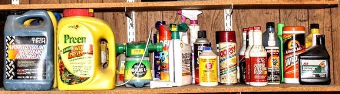 Shelf Full of Household, Car and Lawn Products (different amounts of use, some full)
